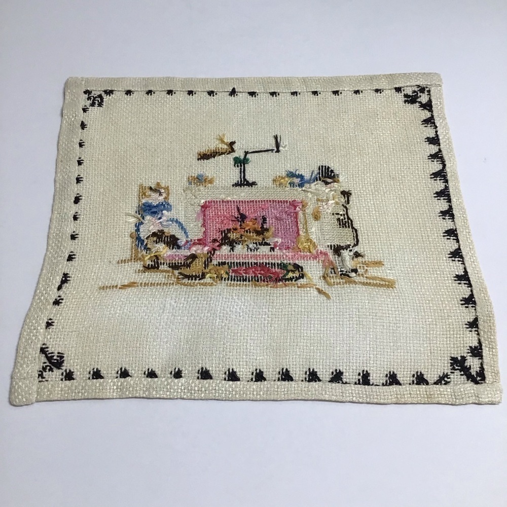 Americana Cross Stitch Sampler Colonial Pilgrim Doily Art Complete 11x12 Vintage - Picture 9 of 16